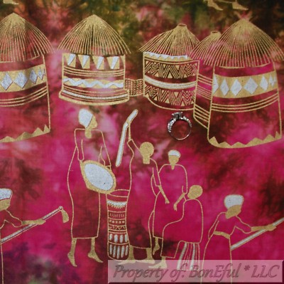 BonEful FABRIC FQ Cotton Quilt Pink Brown African Lady Village Hut Gold Metallic