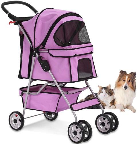 4 Wheels Folding Pet Stroller Cat Dog Cage Stroller Carrier W/Cup Holder Pink - Picture 8 of 8