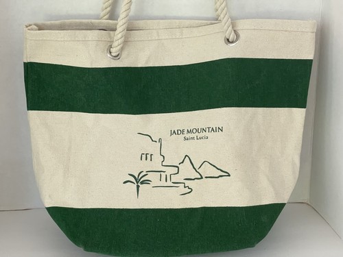 Canvas Bag Jade Mt St Lucia Green Cream Rope Handles 16” X 13” X 8” - Picture 8 of 9
