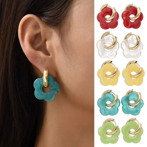 Women Earring Resin Flower Dangle Drop Hoop Earring Fashion Party Jewelry - Picture 1 of 25