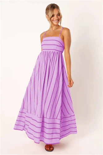 Women's Casual Basic Spaghetti Strap Maxi Dress Sleeveless Summer Strips Dresses - Picture 6 of 31
