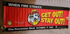 FIRE PREVENTION WEEK 2003 BANNER 33" X 92"  Metal Grommet Firemen Sparky Dog