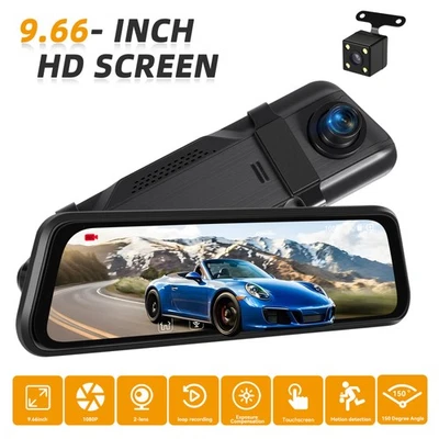 AMPRIME 9.66" Dashcam Dual Lens cámara coche DVR cámara de marcha atrás espejo grabadora de vídeo
