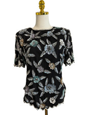 VTG 80s LAURENCE KAZAR Women Top 90s Sequin Beaded Cocktail Party Holiday Size L