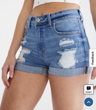 Aeropostale High Rise Midi Seriously Stretchy Distressed Denim Shorts Sz 00 Jean