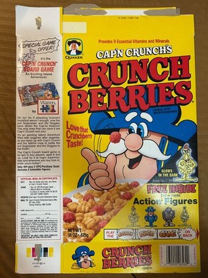 1984 Cap'N Crunch Crunch Berries Action Figure Offer Cereal Box 15oz, Empty