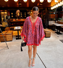 Vintage Boho Orange Bat Wing / Kimono Sleeve Mini Dress Blouse Top - One Size