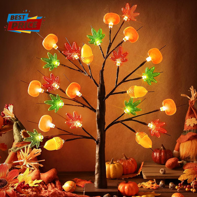 Thanksgiving Day Fall Tree Decor 24 Inches LED Light Autumn Decor with 3D Pumpki