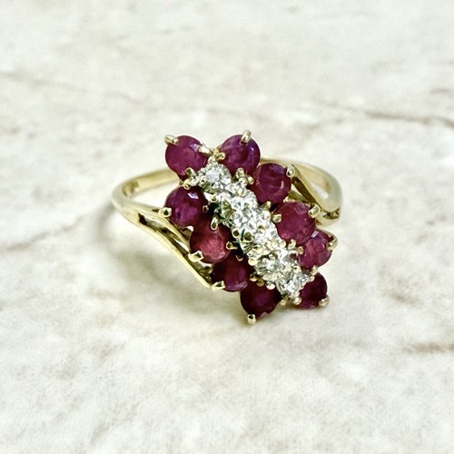 Vintage 14K Gold Natural Ruby & Diamond Cocktail Ring - Solid 14K Gold Ruby Ring - Picture 1 of 8