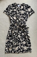 Maggy London Silk Floral Wrap Dress Sz 10 Black Beige Career Wedding Guest