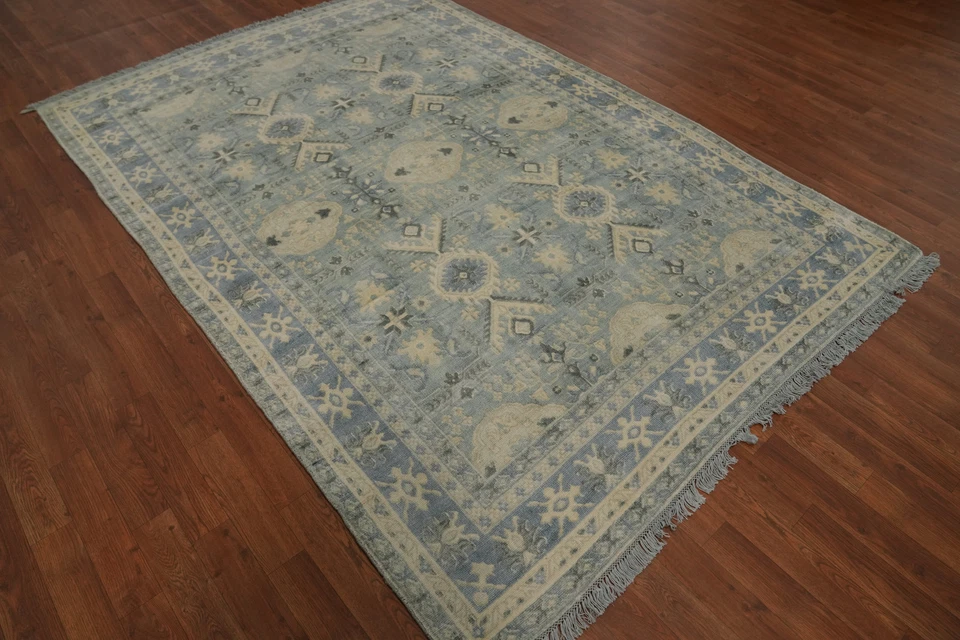 Handmade Light Blue Geometric Oushak Area Rug 6x8 Ft Transitional Silk Carpet - Image 4 of 4