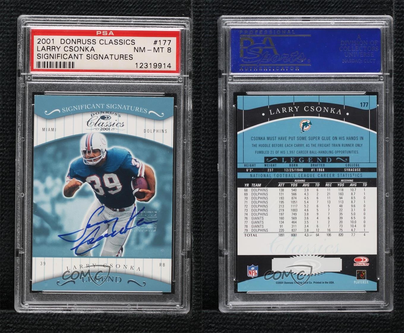 2001 Donruss Classics Legend Significant Signatures Larry Csonka PSA 8 Auto 9d9 view 3