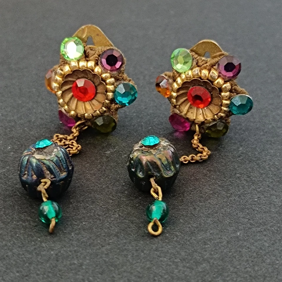 Vintage Michal Negrin Clip On Earrings Long Dangle Colorful Crystal Floral Early - Image 3 of 4