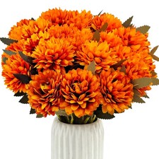 15 Pcs Mums Artificial Flowers Fake Silk Chrysanthemums Ball Indoor Orange