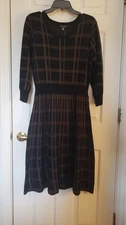 Nina Leonard Sz Large A-line Sweater Dress Black Check Print 3/4 Sleeves New!