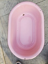 Vtg Large Enamel Oval Basin Wash Tub PINK Baby Bath Planter Co USA