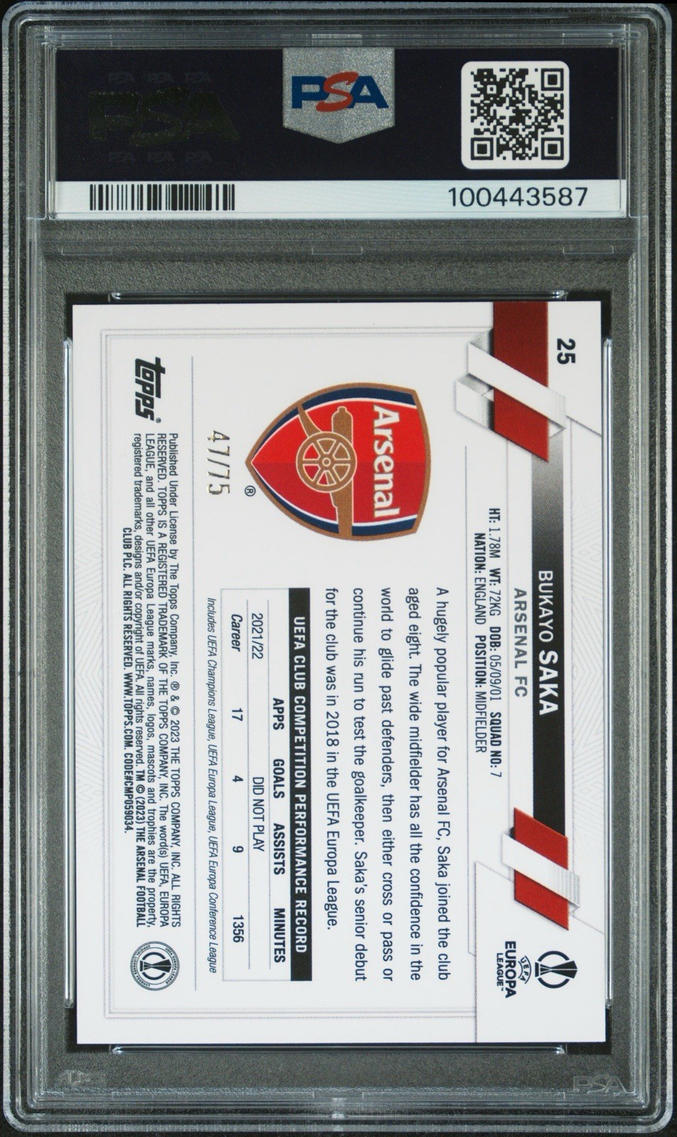 2022-23 Topps UEFA Club Competitions - Bukayo Saka #25 Purple Foil /75 PSA 7 view 3