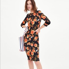 Zara Trafaluc Bodycon Floral Midi Dress 3/4 sleeves round neck size Small