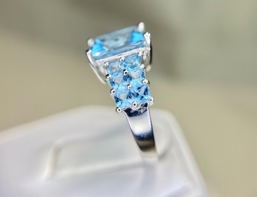 Vintage 10k White Gold Rectangle Square Blue Topaz Ring - Picture 5 of 11