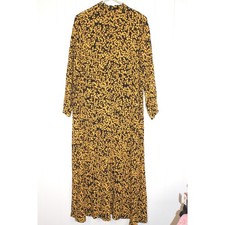 GANNI Gladstone High Neck Long Sleeve Crepe Yellow/Black Floral Midi Dress 36/4