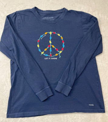 Life Is Good Long Sleeve Tee Christmas Lights Peace Sign 'Let It Shine' Large