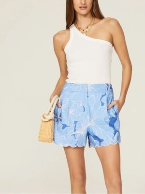 Milly Casey Waterlily Blue Floral Scalloped Hem Shorts Size 6
