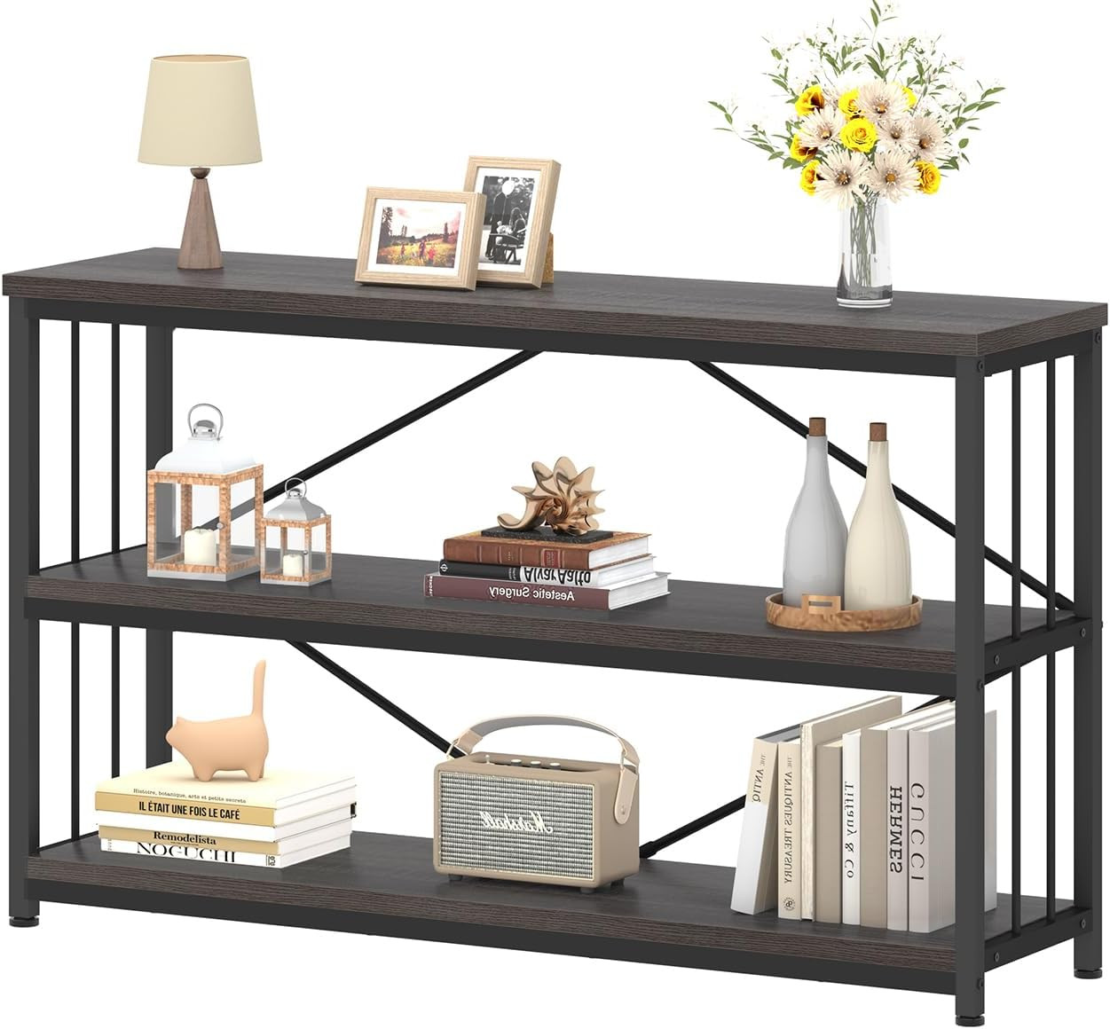 Rustic 3-Tier Wide Bookshelf, Industrial Grey Etagere for Home & Office