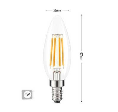 LED BULB WARM LIGHT 4W OLIVE FILAMENT CLEAR CANDLE E14 C35