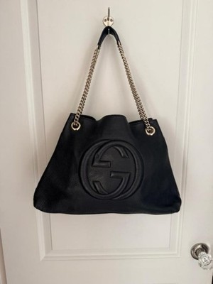 Authentic Gucci Soho Chain Shoulder Handbag Black Pebbled Leather