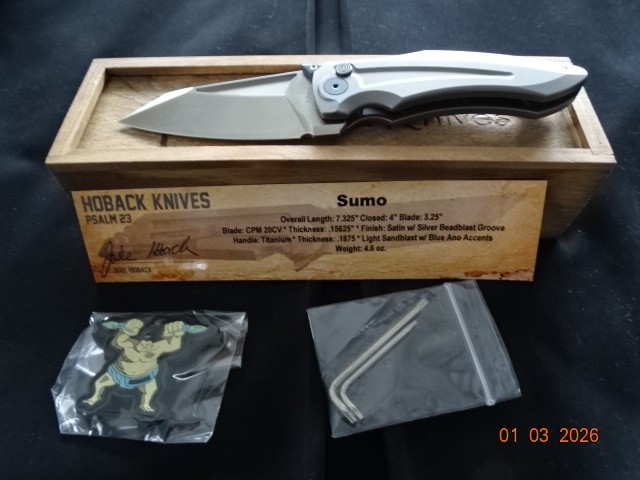 Hoback Sumo Knife DLC CPM20CV Sandblast Finish Blade Steel Blue Accents - New