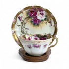 Teacup & Saucer Set Hand Painted NIPPON Pink Roses Beaded Gold Moriage Antique
