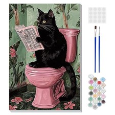 Framed Paint by Numbers Kit for Adults Beginners, Cat Sit on Toilet XBKT114