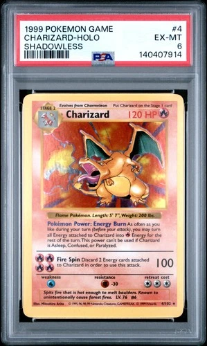 1999 POKEMON GAME SHADOWLESS #4 CHARIZARD-HOLO PSA 6