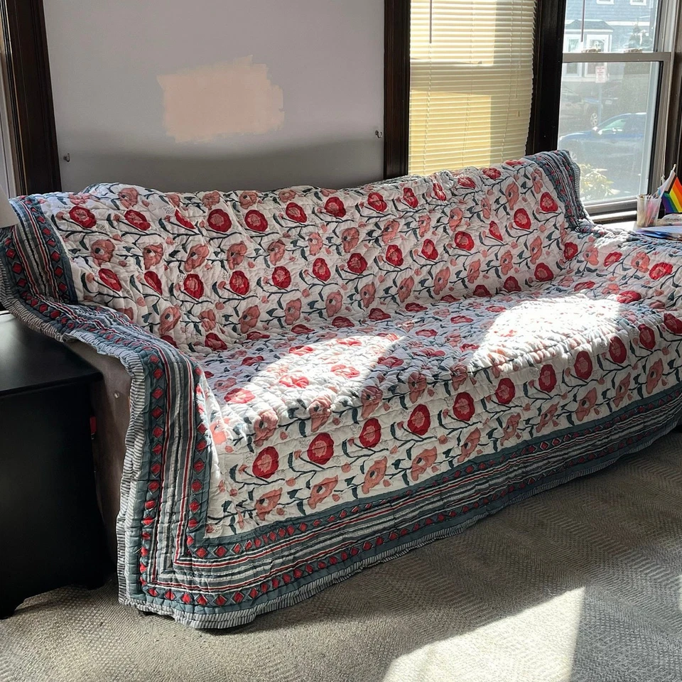 Indian Quilt Reversible 100% Cotton Blanket handmade Block Print Gray Comforter - Image 3 of 4