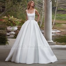 Elegant Simple Satin Wedding Dress Backless Square Collar Pocket Bridal Gown