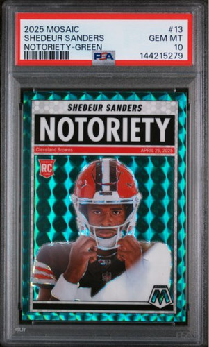 Graded 2025 Panini Mosaic Shedeur Sanders #13 Notoriety Green Rookie Card PSA 10