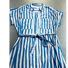 Ava & Viv Shirtdress Womens 1X Blue White Striped Linen Blend Midi Short Sleeve