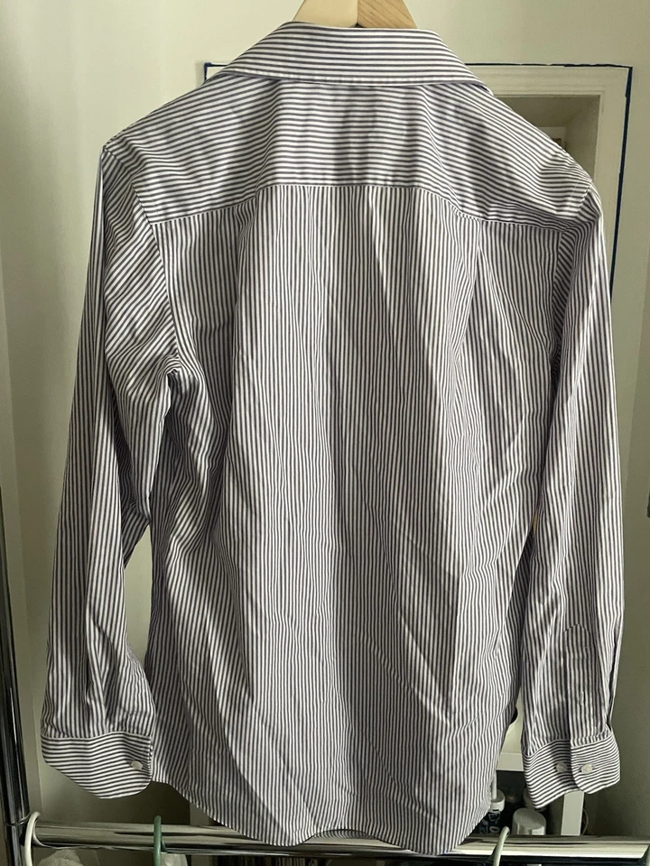 Camisa de vestir para hombre manga larga con botones blanca, rayas moradas, talla PEQUEÑA Foto 4 de 4