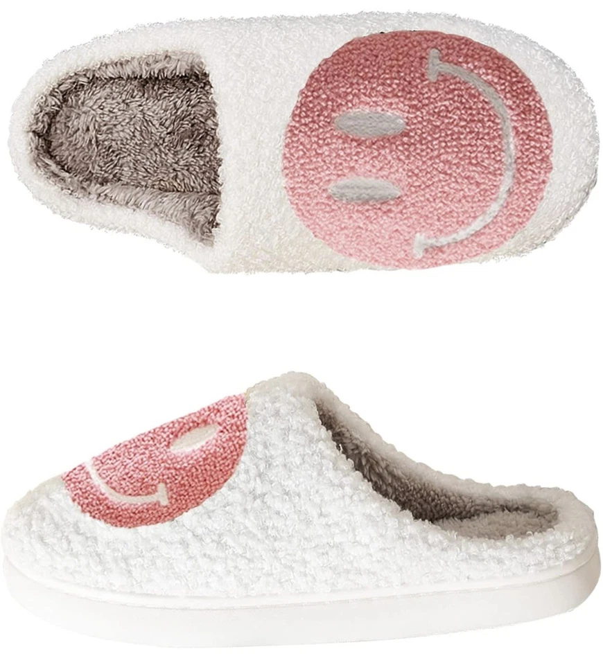NUEVAS Zapatillas Smiley Face Para Mujer Talla 5/6 Blanco Rosa Suave Sherpa Sin Cordones Acogedoras Foto 3 de 4