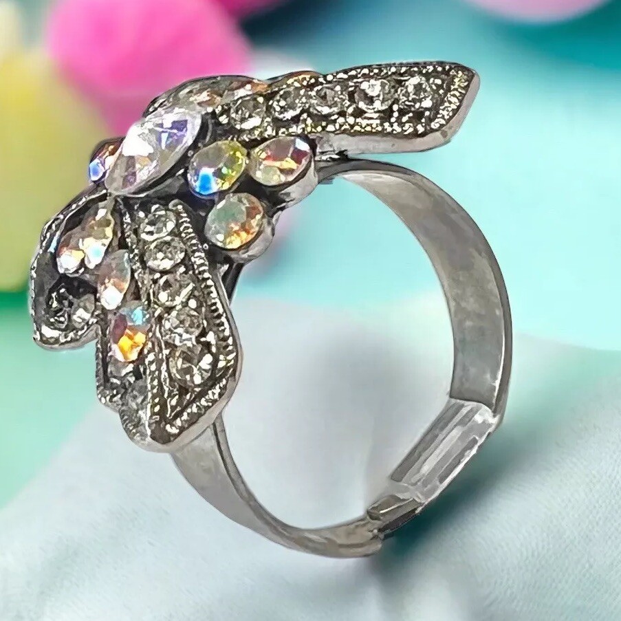 Butterfly Rhinestone Ring Adjustable Silver Tone … - image 4