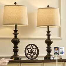 27.5" Farmhouse Table Lamps Set of 2 Bedside Lamp with USB C A Ports  AC Out...