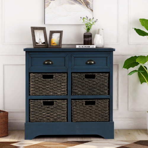 Rustic Living Room Floor Cabinet Storage 2 Drawers and Four Rattan Basket - Picture 46 of 54