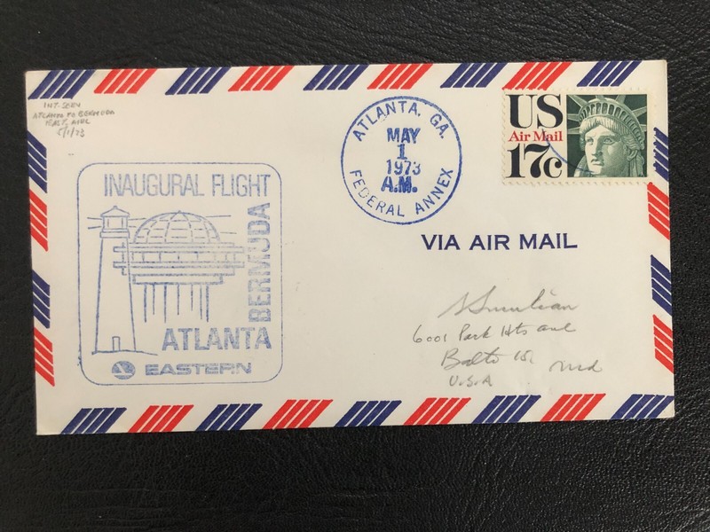 1973 Inaugural Flight Eastern Air Atlanta GA to Hamilton, Bermuda; blue Federal