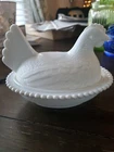 MILK GLASS White Chicken Hen on Nest Candy Dish Bowl w/ Lid Indiana Vintage