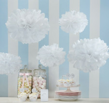 White Tissue Paper Pom Poms, Party Decorations  x 5