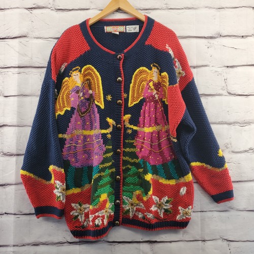 Strickjacke Bay Pullover Damen 2x Handstrick Metallic Webart Engel Weihnachten Vintage