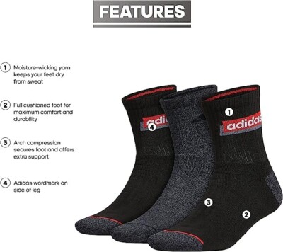 adidas Men's Sport Linear High Quarter Socks 3-Pair Black