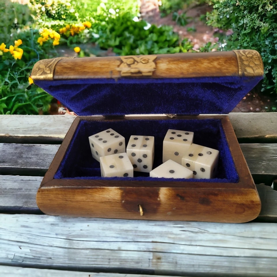 Juego de 6 dados Ludo D6 de hueso de camello 16 mm cuadrados en una caja de huesos con trabajo de latón Foto 3 de 4