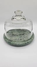 7" Green Marble Desert Server With Glass Dome. Cheese Dome