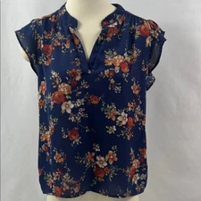 Sweet Rain Flowing Blue Floral Ruffled Cap Sleeve Feminine V-Neck Blouse Size S